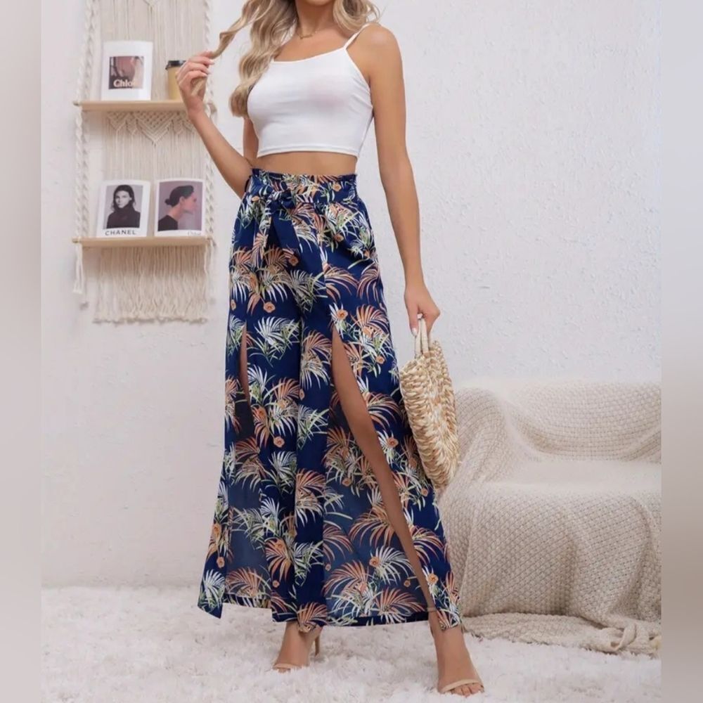 Boho Tropical Print Two-piece Set, Crop Cami Top & Split Pants Outfit sz.xl